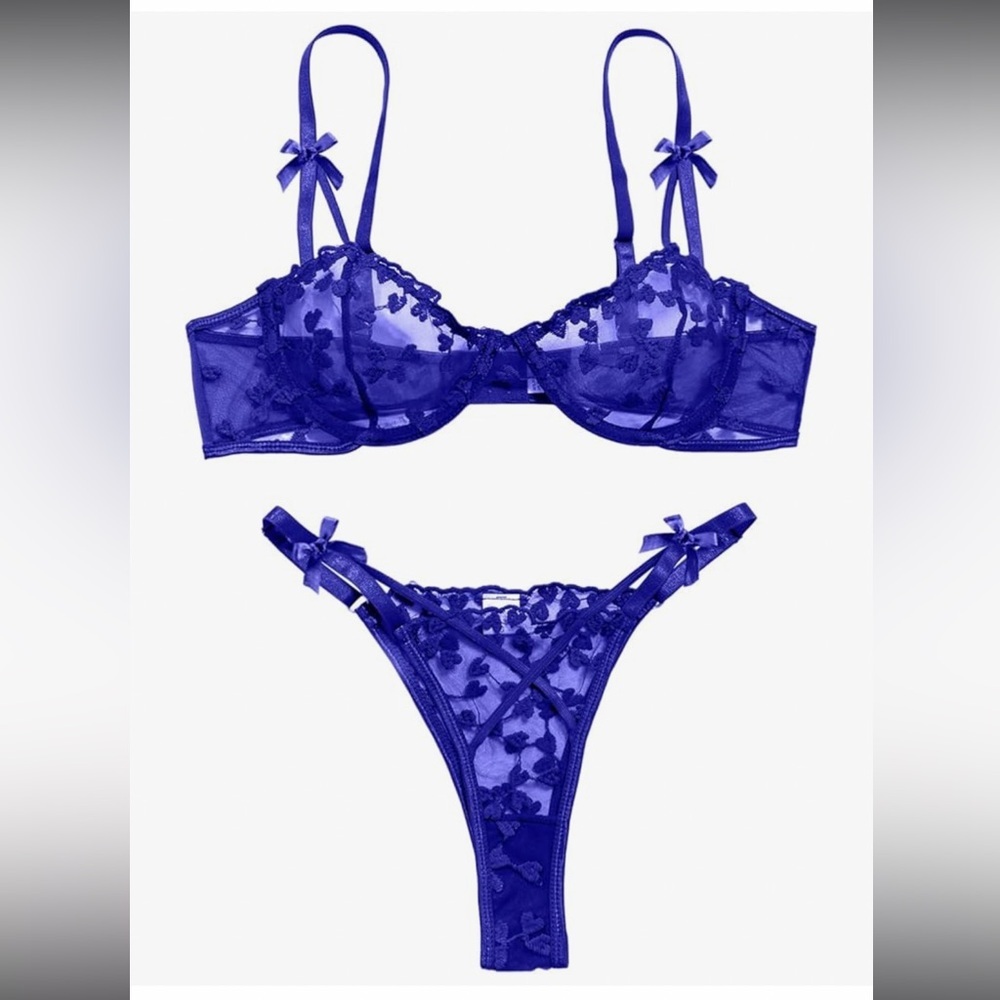 Blue Heart Lace Lingerie Set Sheer Mesh Underwire Bra Thong. - Picture 5 of 7